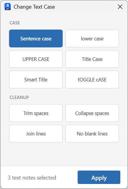 Change Text Case window with case and cleanup options