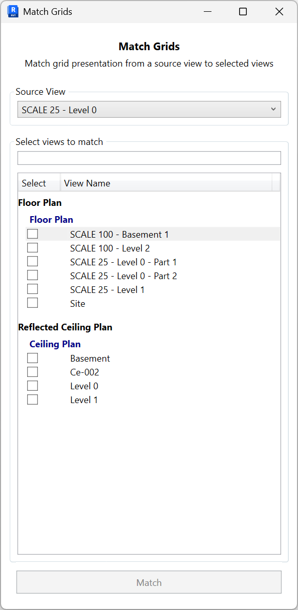Match Grids dialog with a Source View dropdown, searchable list of views to match, checkboxes per view, and a Match button