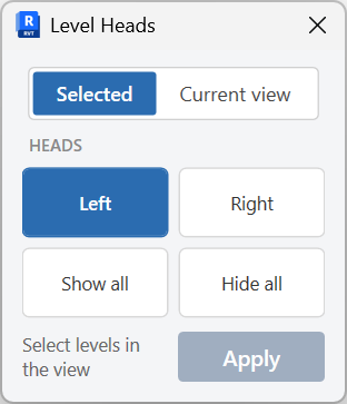 Levels Head window controlling left and right level heads