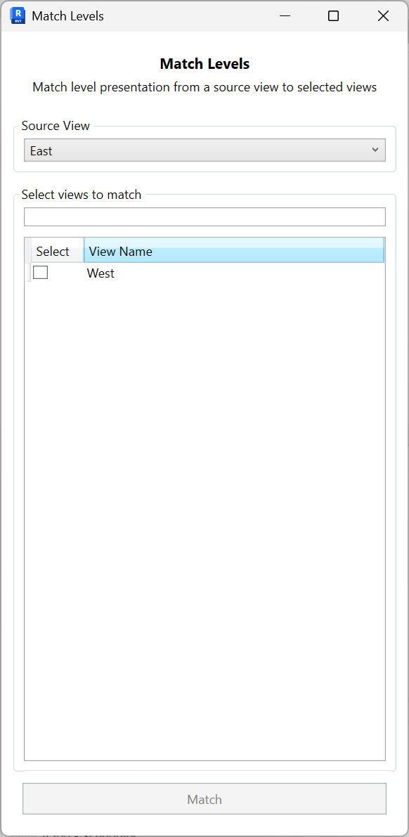 Match Levels dialog showing Source View selection, target views list with checkboxes, and the Match button