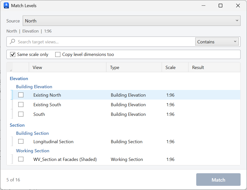 Levels Match window copying level extents to other views