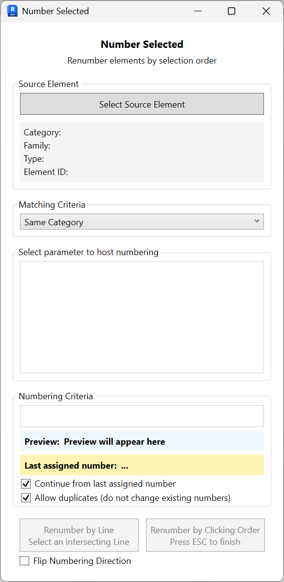 Number Selected dialog showing source element pick, matching criteria, parameter selection, numbering criteria with preview and options, and actions to renumber by line or clicking order