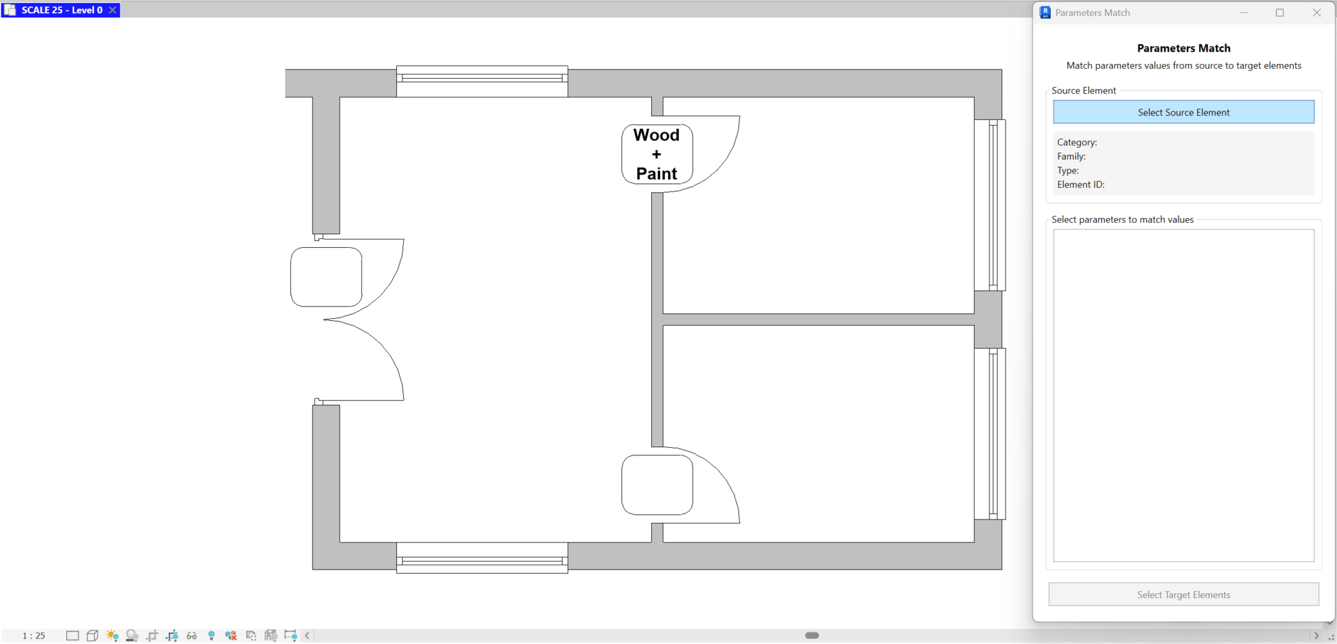 Parameters Match dialog showing Select Source Element, source info (Category, Family, Type, Element ID), a parameters list to choose from, and Select Target Elements action