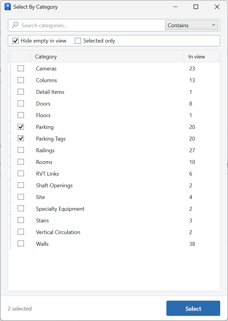 Select By Categories window with category checkboxes