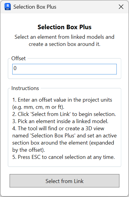 Selection Box Plus dialog with an Offset field, instructions and a Select from Link button