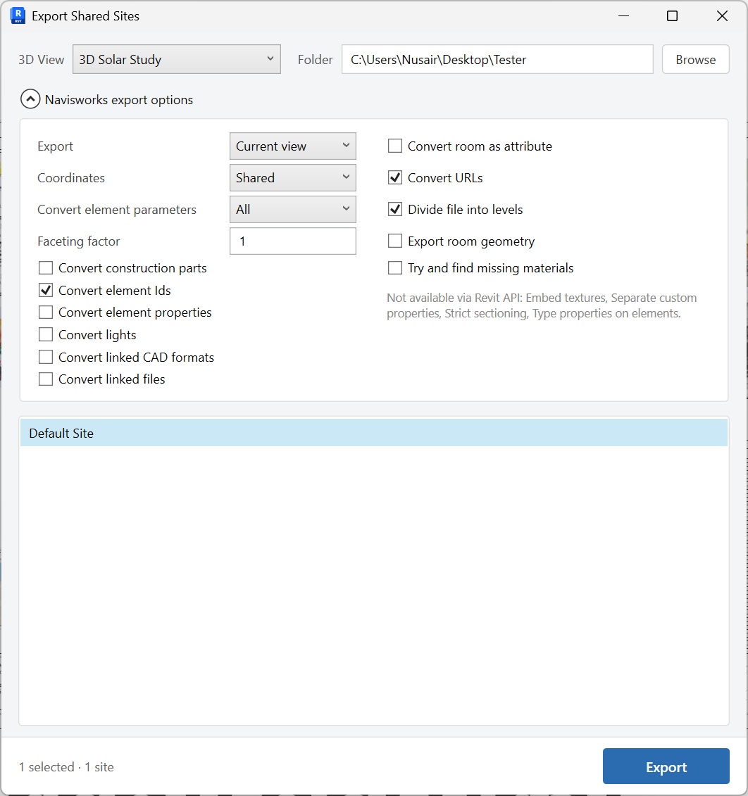 Export Shared Sites window with 3D view, sites list, and Navisworks options