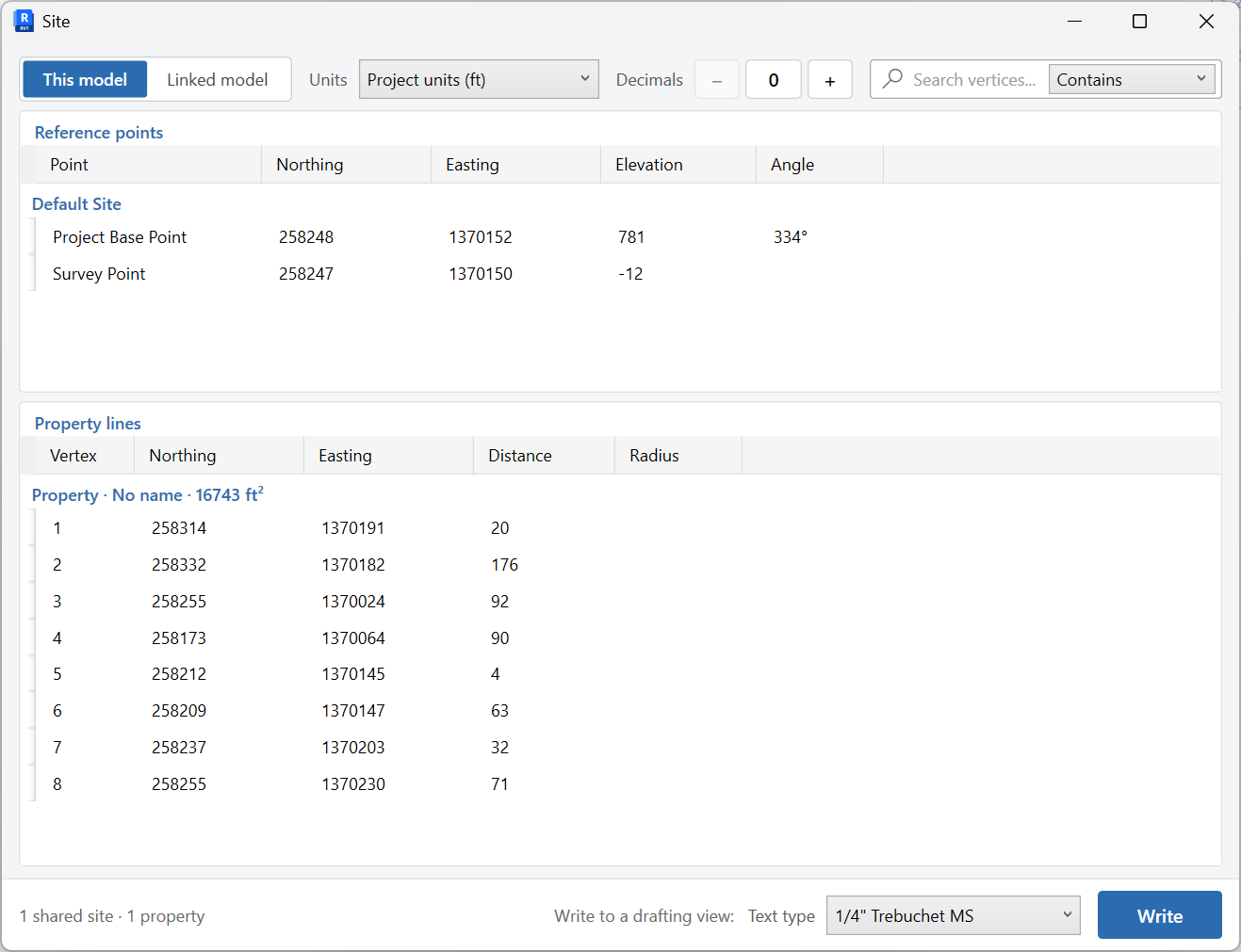 Site window reporting coordinates from this model