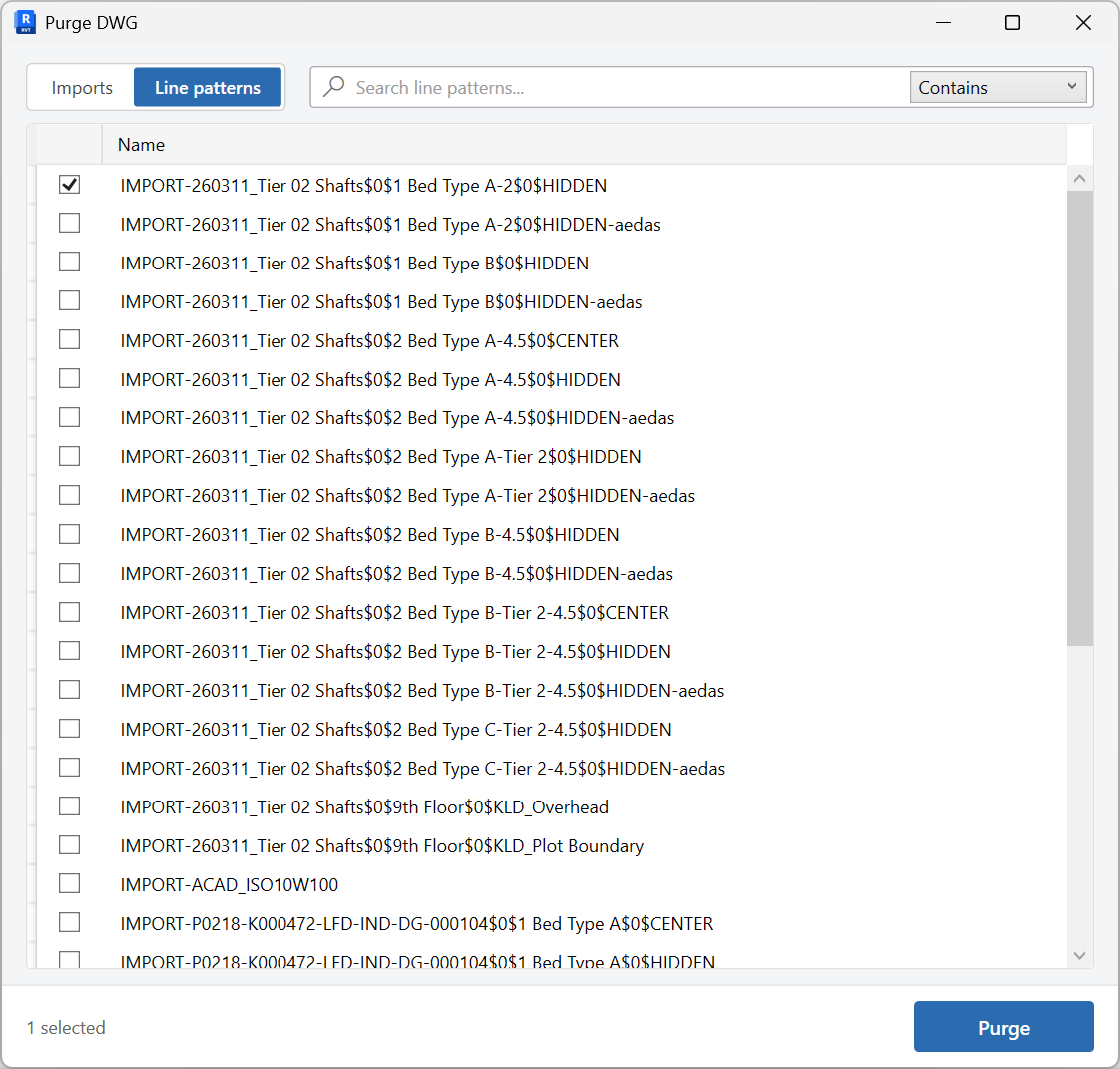 Purge DWG window on the Line patterns tab
