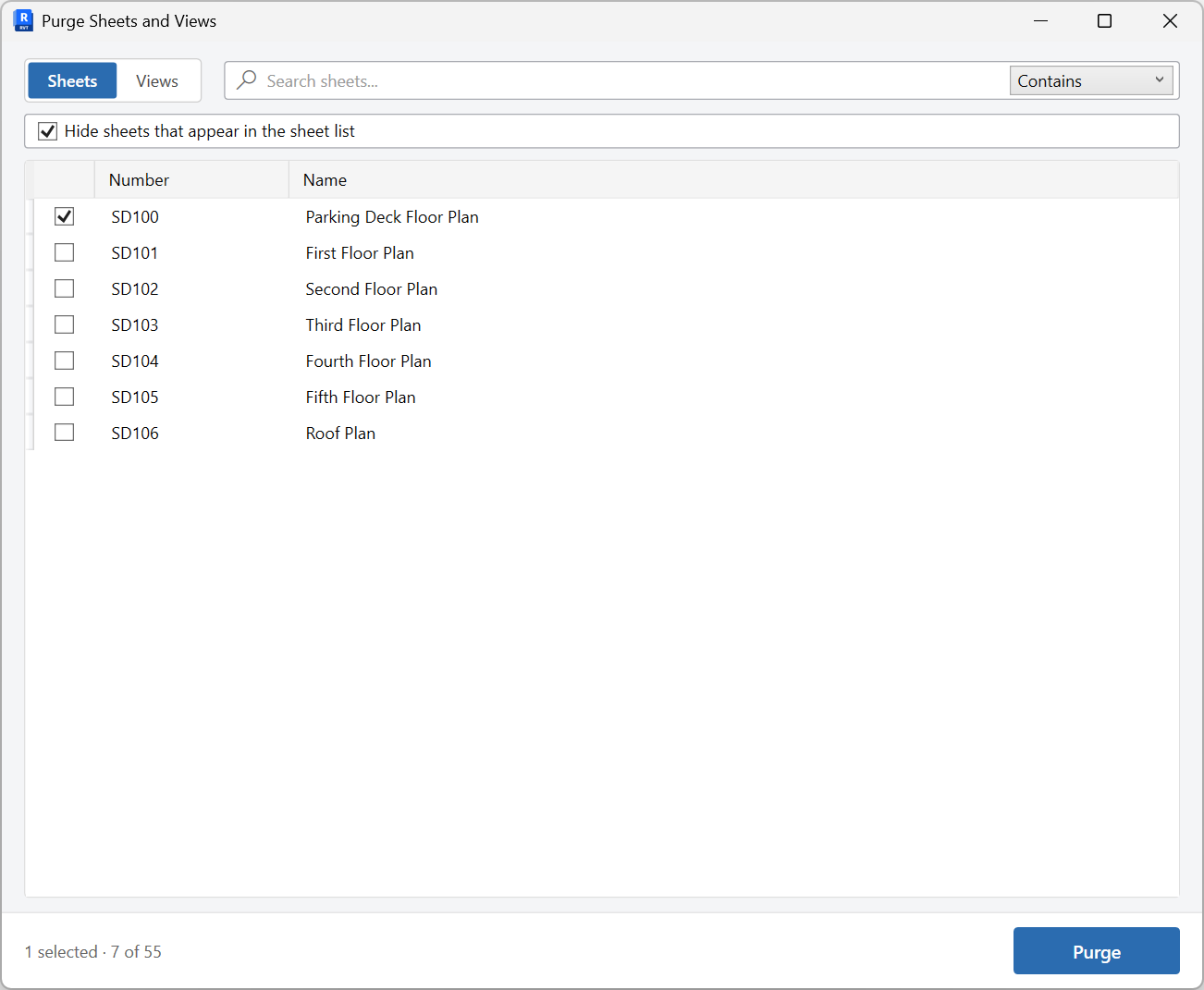 Purge Sheets and Views window on the Sheets tab