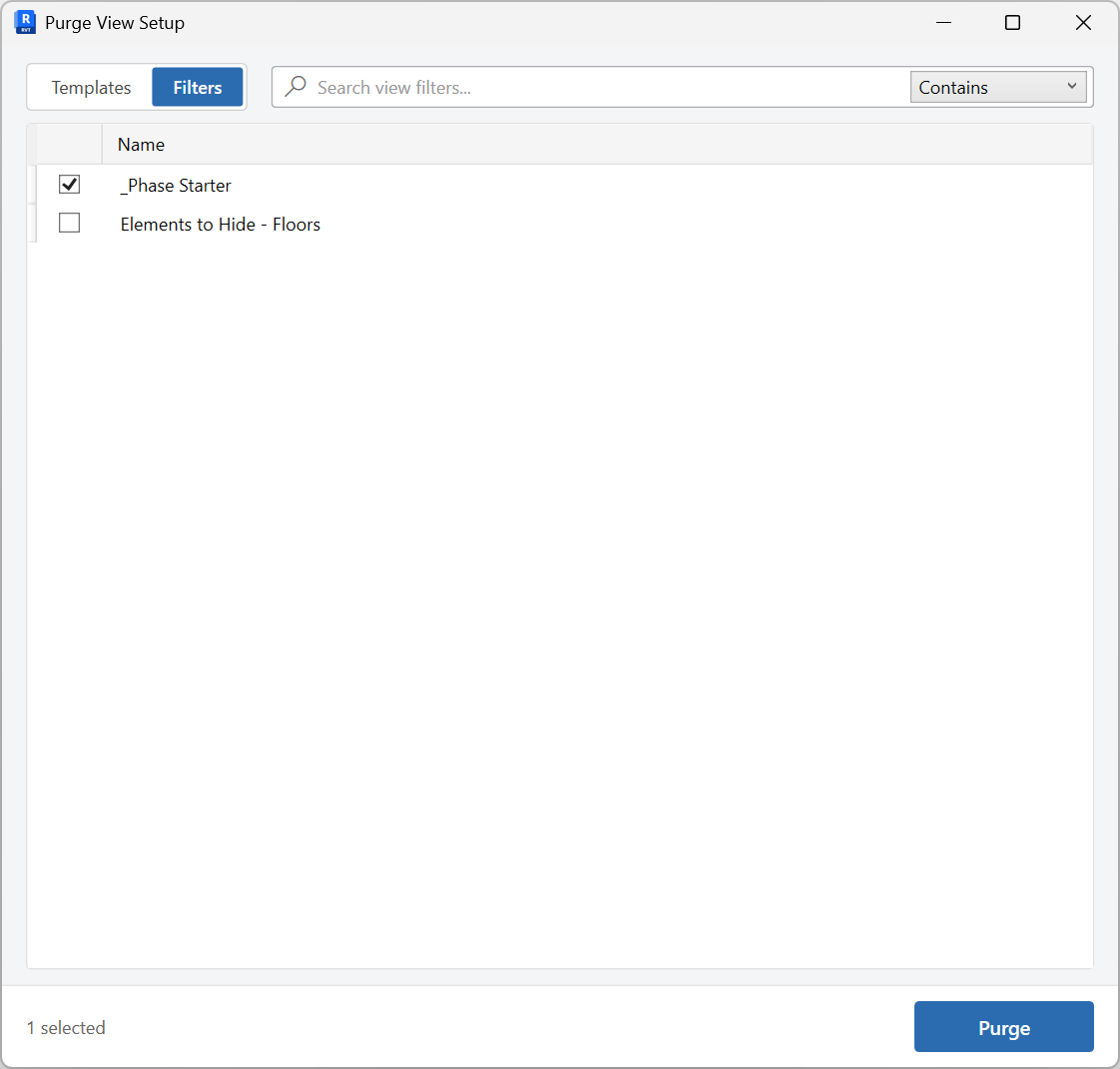 Purge View Setup window on the Filters tab