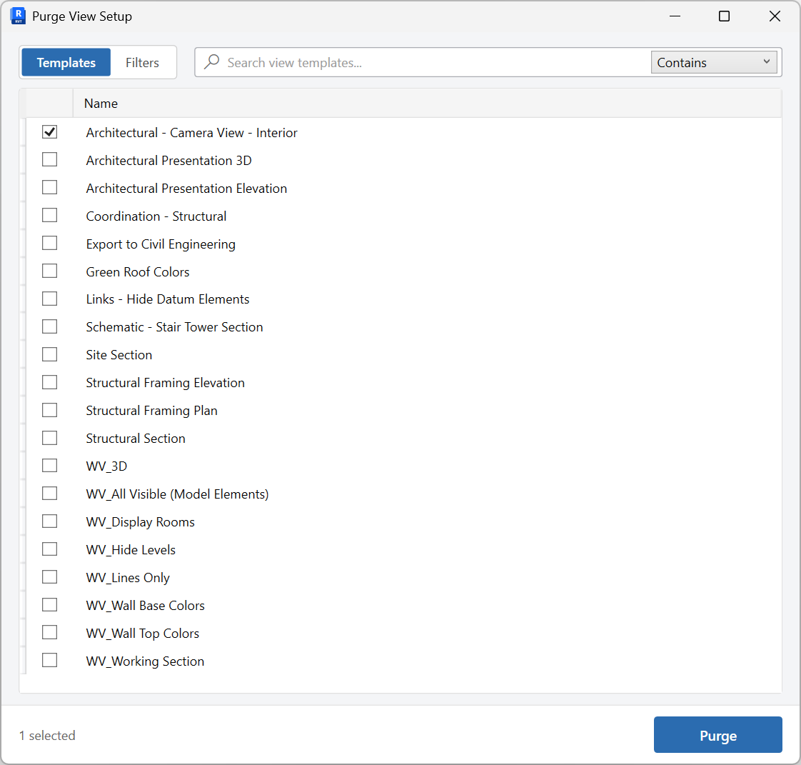 Purge View Setup window on the Templates tab