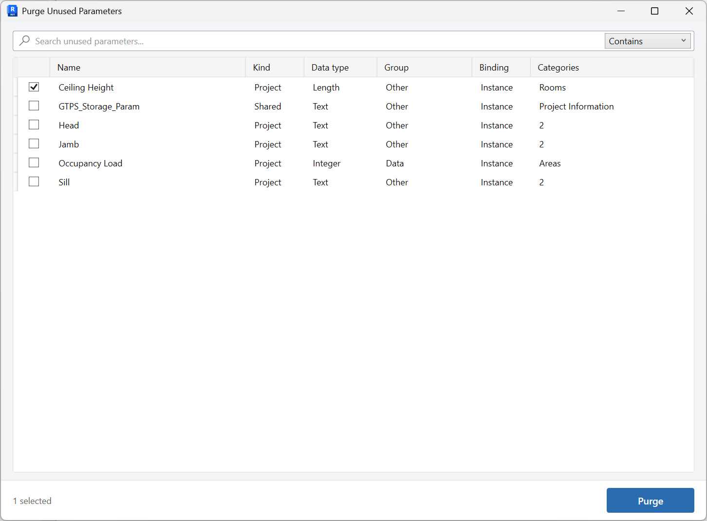 Unused Parameters window showing project parameters with no values