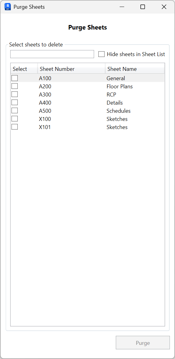 Purge Sheets with search box, Hide sheets in Sheet List checked, and one sheet selected; Purge button enabled