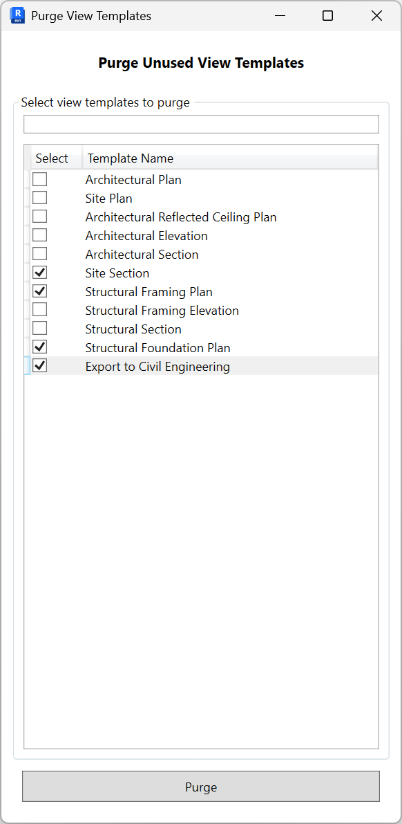 Purge Unused View Templates dialog with a search box, a checklist of unused view templates, and a Purge button