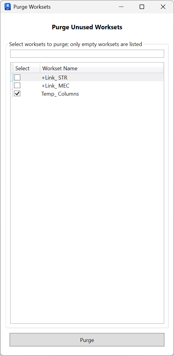 Purge Unused Worksets dialog with a search box, a list of empty worksets with checkboxes, and a Purge button