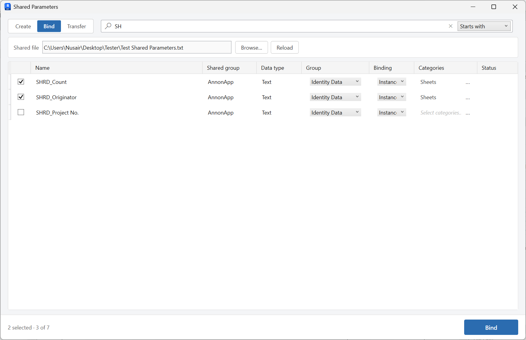 Shared Parameters window on the Bind tab