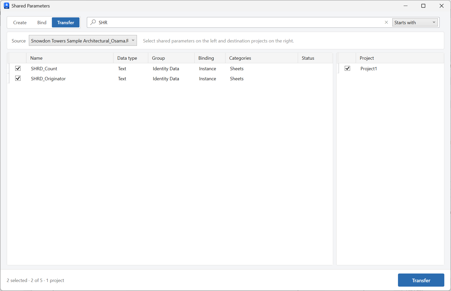 Shared Parameters window on the Transfer tab