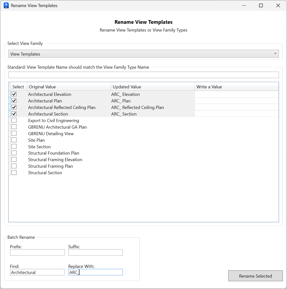 Rename View Templates screen with view family dropdown, grid showing Original Value, Updated Value, Write a Value, batch rename fields (Prefix, Suffix, Find, Replace With), and a Rename Selected button