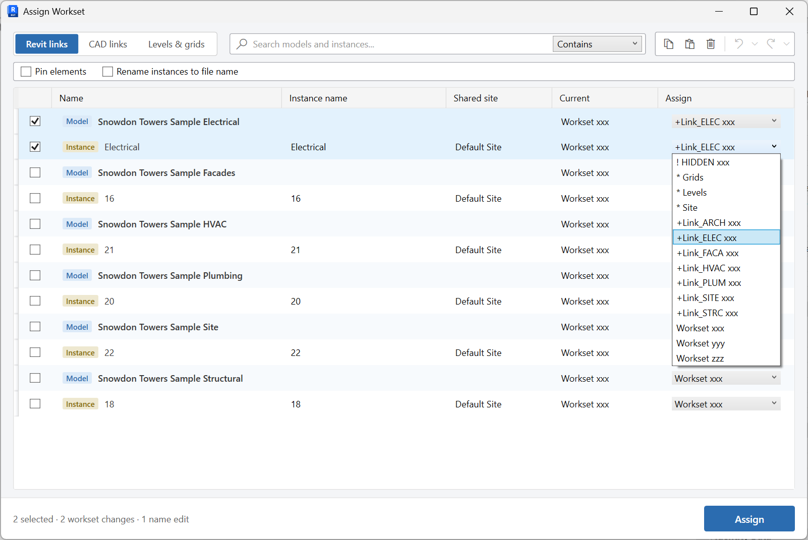 Assign Worksets window on the Revit links tab