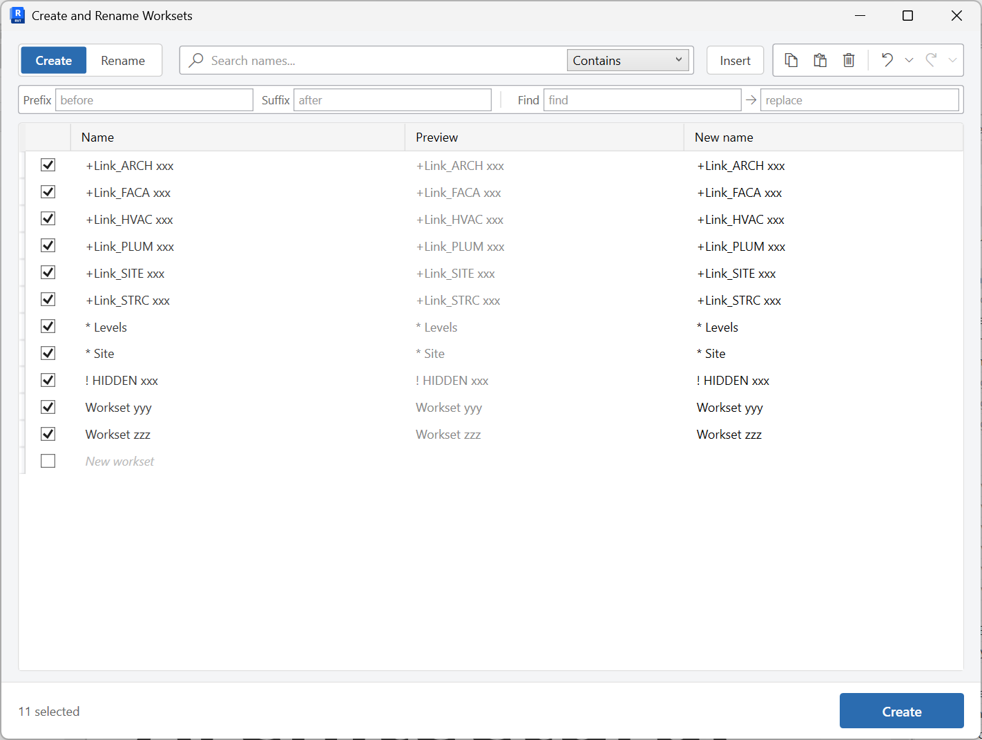 Create Worksets grid in Create mode