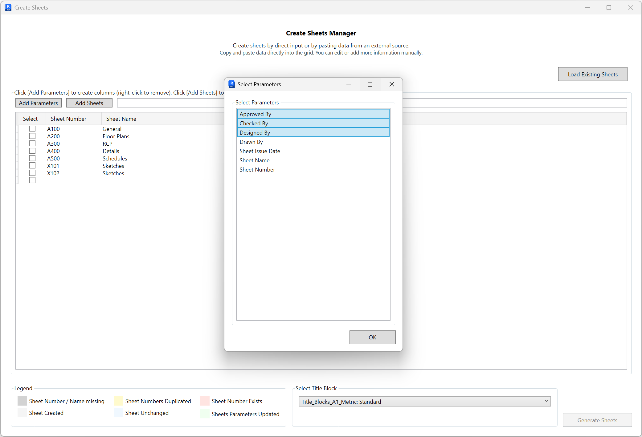 Select Parameters dialog listing sheet parameters with Approved By, Checked By, and Designed By selected; main grid ready to add columns