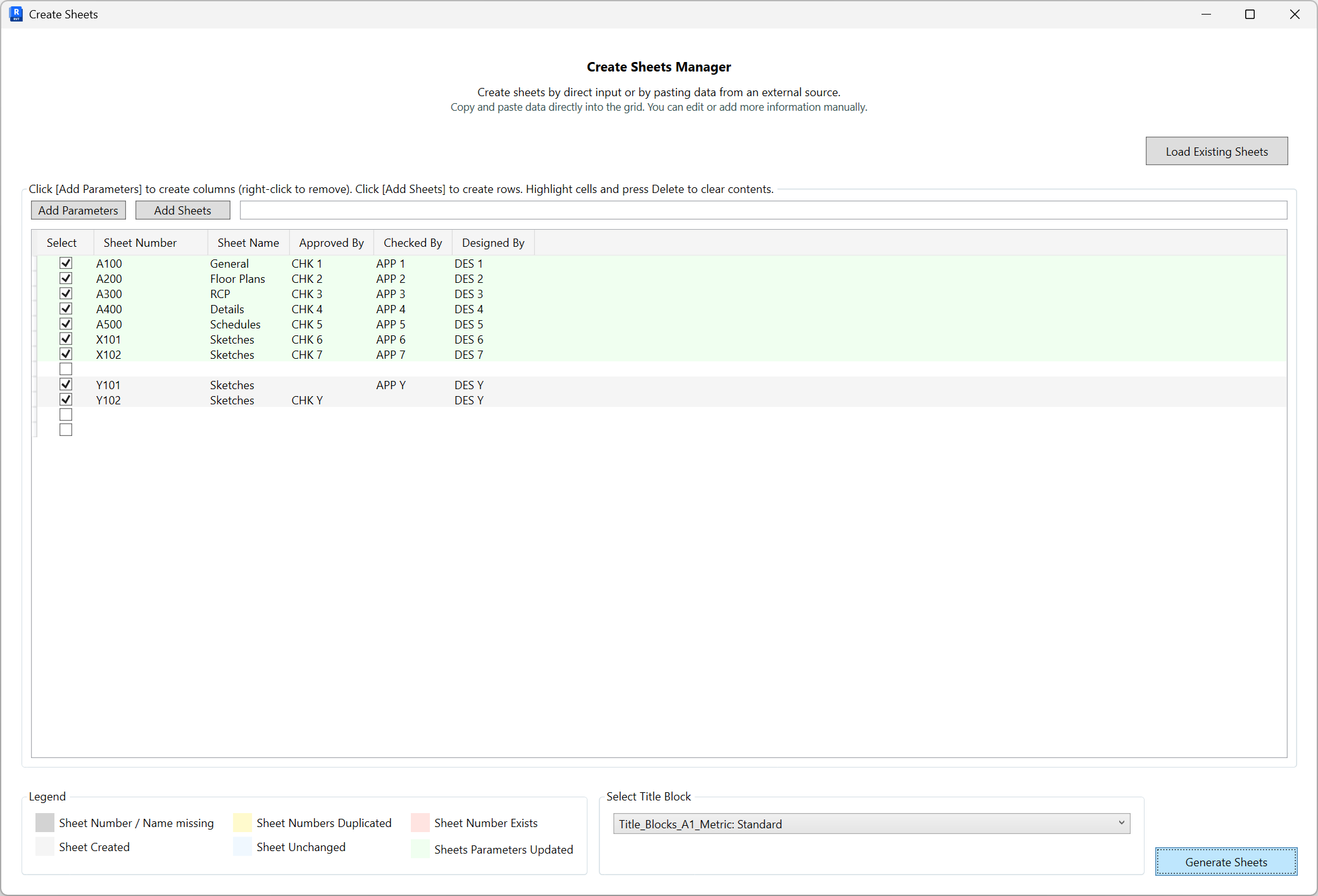 Initial grid with Sheet Number and Sheet Name columns, legend explaining status colors, title block selection, and disabled Generate Sheets before selecting rows