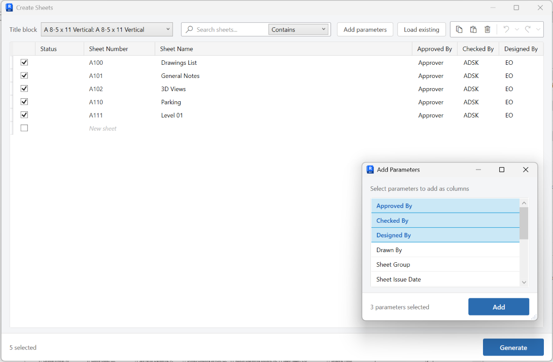 Create Sheets grid with sheet numbers, names, and parameters