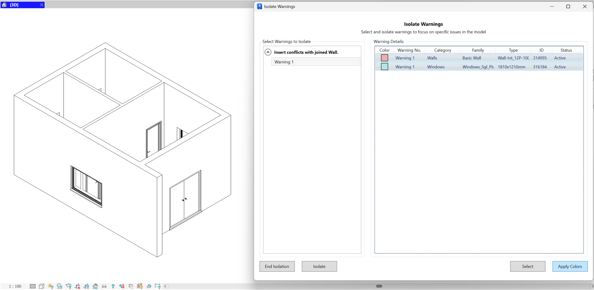 Isolate Warnings with two warnings selected on the left and details grid status shown as Active; Isolate and color actions available
