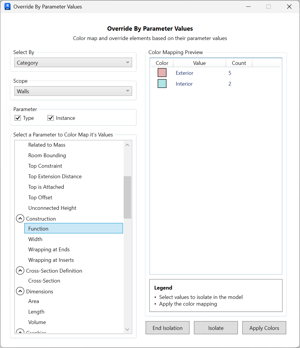 Override By Parameter Values: Select By and Scope on the left, Type/Instance options, parameter list (e.g., Top Constraint), and a Color Mapping Preview showing value buckets with counts; actions End Isolation, Isolate, and Apply Colors